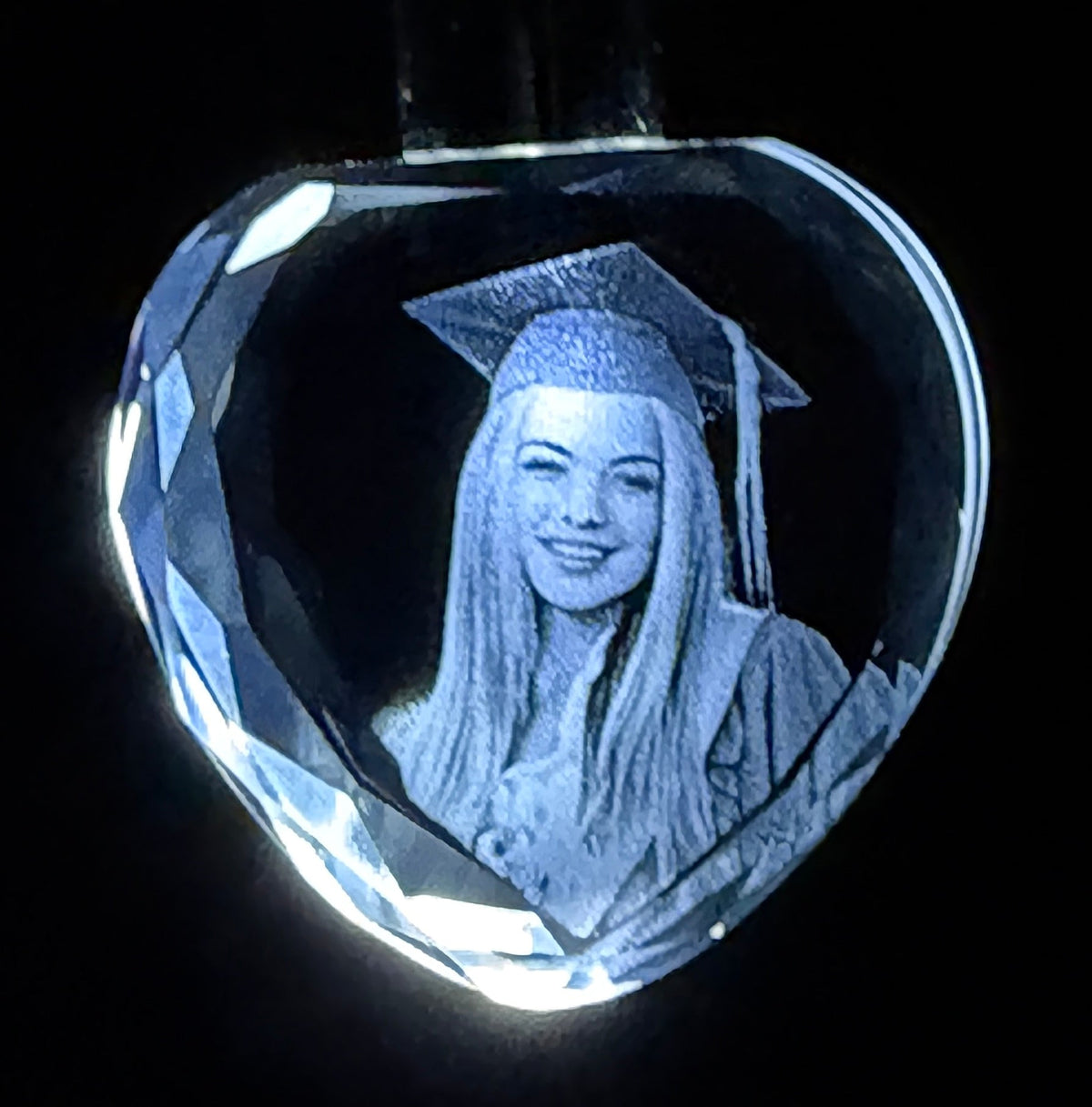 Pushbutton heart cut engraved crystal keychain