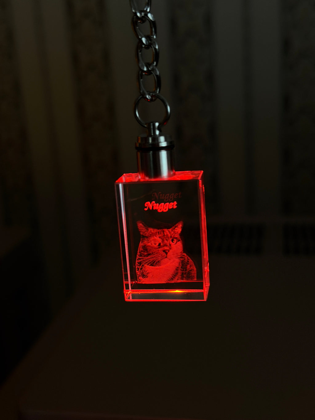 Rectangle cut engraved crystal keychain, detail view