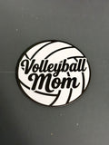 Round printed magnet with volleyball design and Volleyball Mom text