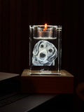 Candle style engraved crystal with pet portrait on lighted wood base