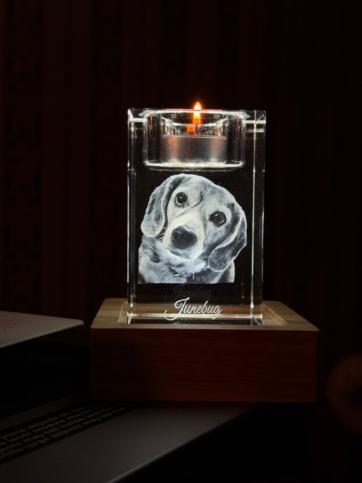 Candle style engraved crystal with pet portrait on lighted wood base