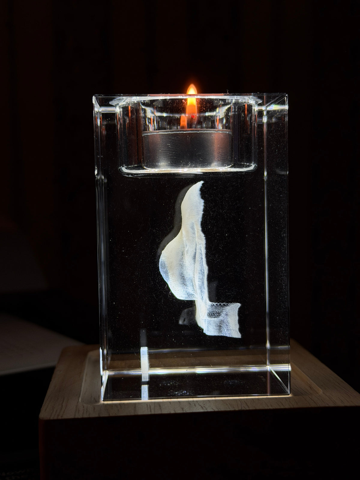 Iceberg style engraved crystal candle holder on lighted base