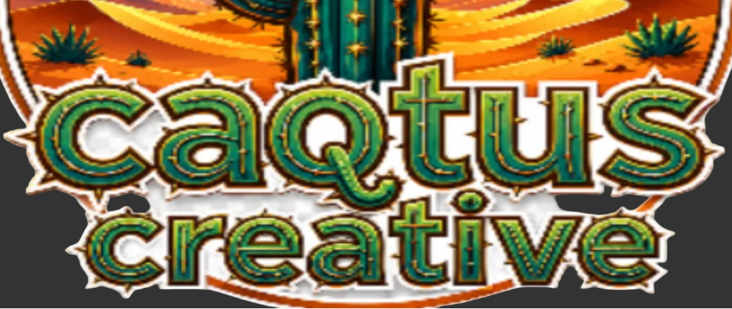 Logo with cactus and desert landscape, featuring the text 'caqtus creative'.